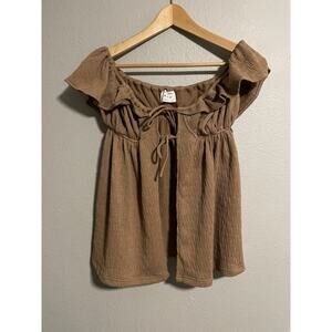 Sabo Womens Kimono Size 4 Brown Off the Shoulder Tie Front Ruffle Milkmaid Boxy